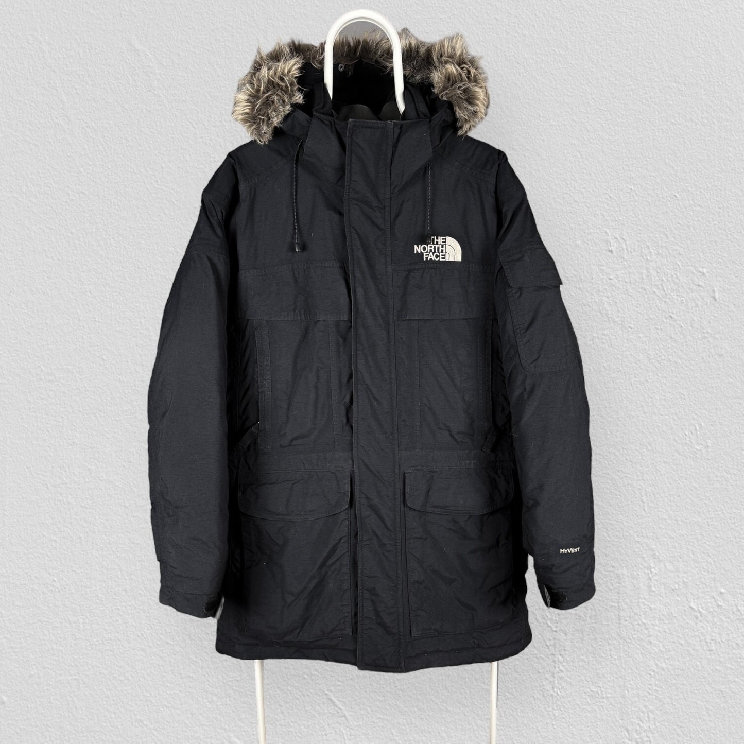 The North Face Black Hyvent Puffer Down Fill Parka Jacket Fur Hood Mens Small