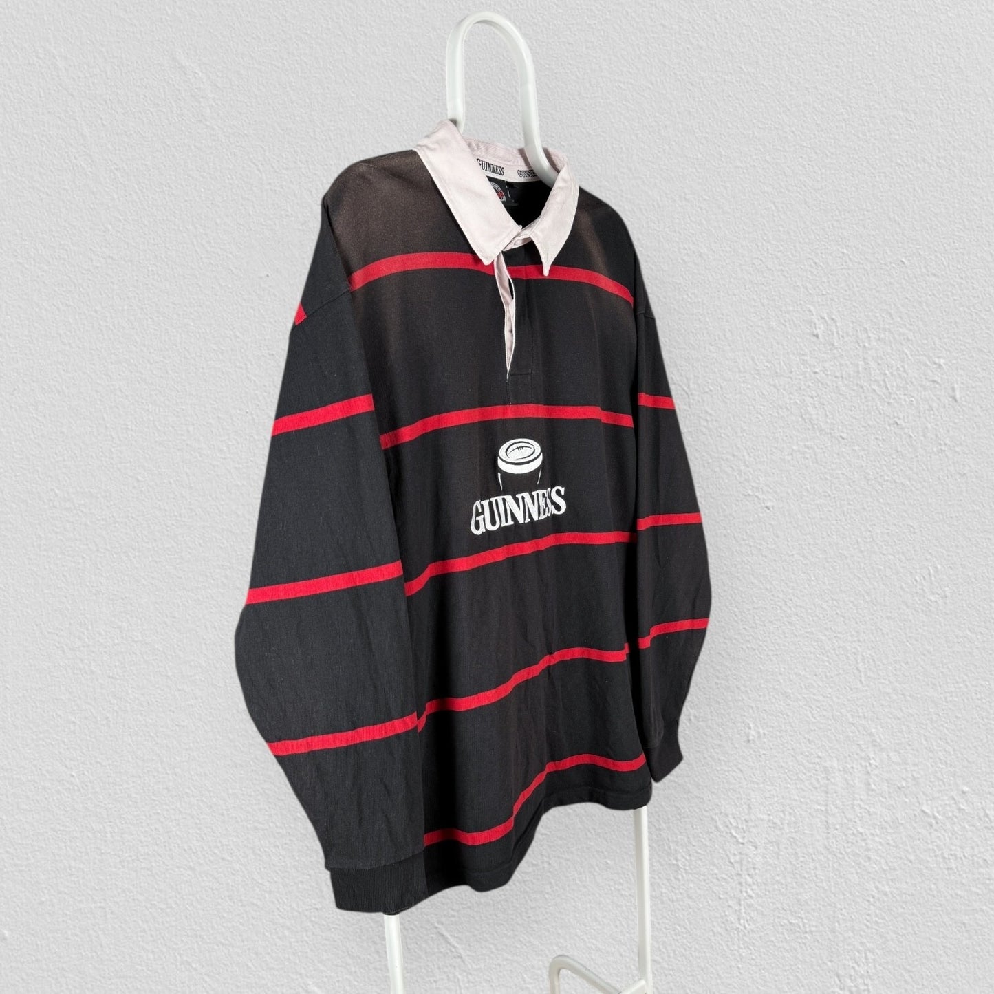 Vintage 90s Guinness Rugby Polo Shirt Black Red Striped Jersey Mens XXL