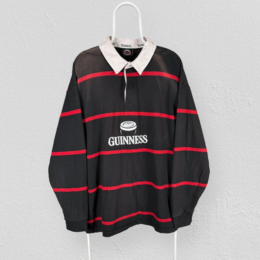 Vintage 90s Guinness Rugby Polo Shirt Black Red Striped Jersey Mens XXL