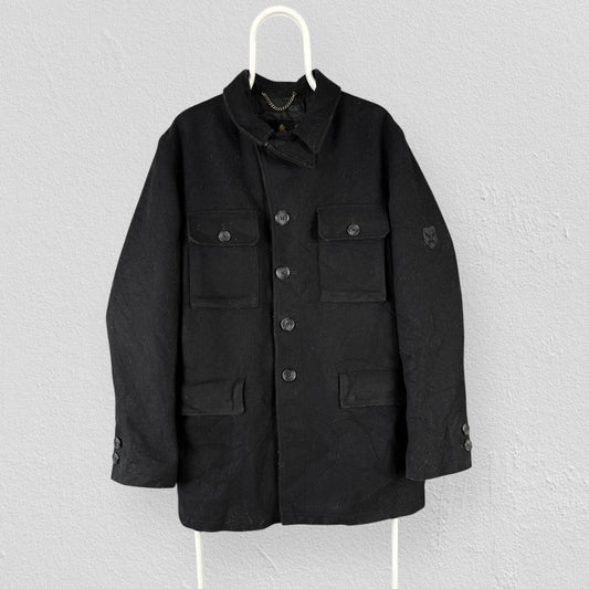 Vintage Barbour Black Wool Chore Jacket 6 Pocket Rever Overcoat Mens UK 42 EU 52