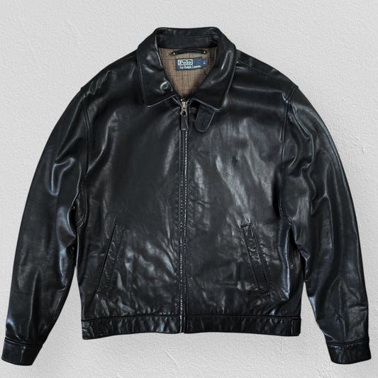 Vintage Polo Ralph Lauren Black Leather Jacket Mens Large