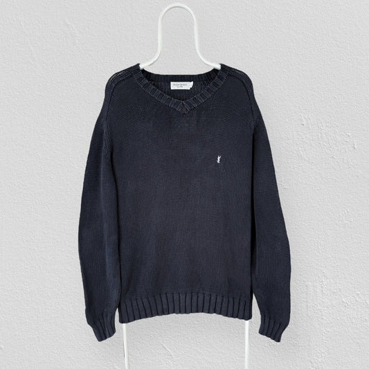 Vintage Yves Saint Laurent Navy Blue Knit Jumper Pullover YSL V Neck Mens Large
